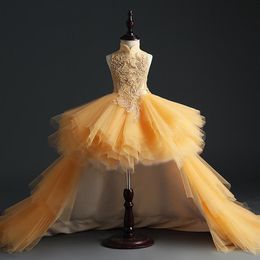 Fluffy Gold Tulle Girl's Pageant Dress Birthday Party Dress Hi-Lo Sequin Beads Flowers Girl Princess Dress Kids First Communi210p