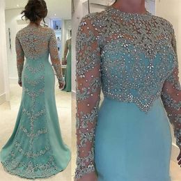 Rhinestones Beaded Appliques Mother of the Bride Dresses Mint Green Mermaid Wedding Dress Sparkly Long Sleeve Formal Party Gowns232v