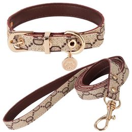 Fashion Designer Dog Collars Leashes Set Soft Adjustable Printed Leather Classic Pet Collar Leash Sets for Small Dogs Outdoor Dura266Q