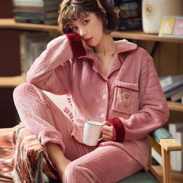 Womens Sleepwear 2pcs Women Pajamas Set Coral Fleece Sleep Suit Lounge Wear Casual Shirt Pants Home Clothes Winter Flannel Pijamas 230721