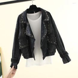 Women's Jackets Women Casual Denim Jacket Rivets Baggy Boyfriend Jeans Outerwear Coat Ladies Beads Loose High Street