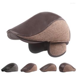 Berets Herringbone Peaked Cap Men's Leather Beret Autumn Winter Ear Protection Dad Forward Hat Casquette Gatsby Flat Ivy