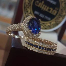 2pcs/set Fashion Gold Colour Hip Hop Ring for Women Exquisite Inlaid Zircon Blue Crystal Wedding Rings Bridal Engagement Jewellery