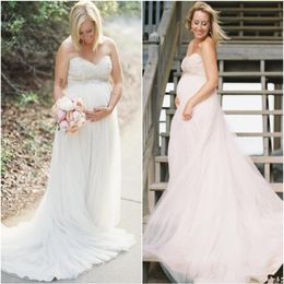 New Elegant Pregnant Maternity Wedding Dresses Sweetheart Beaded Tulle Empire Waist Long Beach Bridal Gowns Custom Made267m