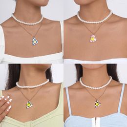 Chains Personalised Pearl Stacked Double-layer Necklace Dripping Oil Love Flower Slightly Inlaid Sweet Girl Necklaces