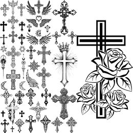 Black Cross Temporary Tattoos For Men Adults Realistic Wings Feather Thorn Crown Fake Tattoo Sticker Arm Back Tatoos Waterproof