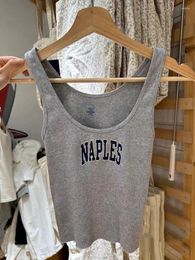 Women's Tanks Casual Women Grey Letter Print Tank Top Summer Soft Cotton Sleeveless Slim Crop Female Vintage Streetwear Ribbed Vests 2023