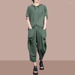 Women's Tracksuits Fashion Vertical Stripe Set 2023 Summer Loose Hooded Short Sleeves Top Casual Harlan Pants Two Piece