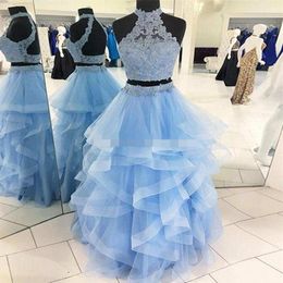 Light Sky Blue Two Piece Prom Dresses High Neck Lace Tulle Tiered Tulle Ball Gown Quinceanera Dresses Backless Champagne Sweet 16 227B