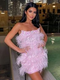 Casual Dresses Summer Women Sexy Strapless Ostrich Feathers Sequins Pink Bodycon Dress 2023 Night Club Mini Party Vestido