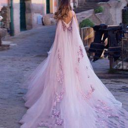 Boho Wedding Dress 2023 3D Flowers Light Purple Beach Bride Dresses Backless Puff Tulle Wedding Gowns Long Train Floor Length