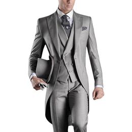 European Style Slim Fit Groom Tailcoats Light Grey Custom Made Prom Groomsmen Men Wedding Suits Jacket Pants Vest Tie Hanky292U