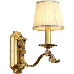 Wall Lamp American Style Lamps All Copper Body Cloth Art Lampshade Home Foyer Corridor LED E14 Holder Mount Sconce