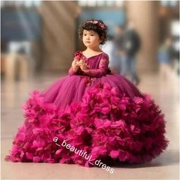 Puffy Flower Girls Dresses 3D Flower V Neck Long Sleeve Kids Teens Pageant Gowns Birthday Party Dress For Wedding Cooktail Gown FG257T