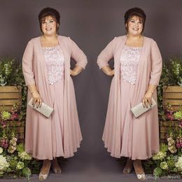 Plus Size Mother of the Bride Dresses with Jacket Cheap Chiffon A Line Lace Evening Gowns Knee Length Wedding Guest Mother's 293W