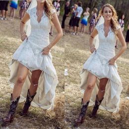 Lace High Low Wedding Dress Sexy Sheer V-Neck Capped Sleeves Pleated White V Neck Country Style Vestido De Noiva Custom Made3057