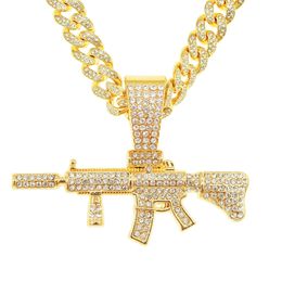 Hip Hop Rapper Men shiny diamond pendant gold necklace Iced out Machine gun pendant micro-inset full zircon Jewellery night club punk 50cm Miami Cuban chain 1553