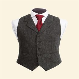 2019 Vintage Black Wool Tweed Vests Slim Mens Suit Vests Custom Made Sleeveless Suit Jacket Men Wedding Waistcoat Mens Dress Vest 283m