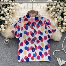 Women's Blouses Ladies Summer Vintage Polka Dot Printing Sweet Shirt Puff Short Sleeve Single-Breasted Loose Striped Tops