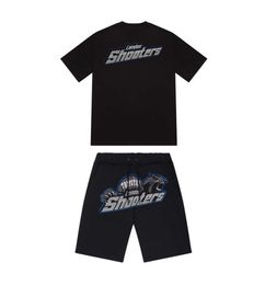 Summer new Trapstar London shooter short-sleeved t shirt suit chenille decoding black ice Flavour 2.0 men's round neck T-shirt shorts Design of motion 417ess