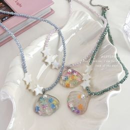 Colourful Fashion Sweet Star Shell Crystal Beaded Clavicle Neckalce for Women Girl Handmade Crystal Beaded Shell Pendant Necklace