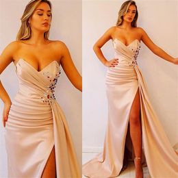 Plus Size Arabic Aso Ebi Champagne Beaded Crystals Prom Dresses Sweetheart High Side Split Evening Formal Dress Party Wear Second 206u