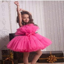 Fuchsia Flower Teens Dresses Strapless Tiered Bow Sash Tulle TUTU Girls Pageant Dress Mini Short Kids Birthday Gowns First Communi276U