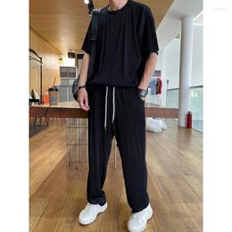 Men's Tracksuits Summer Korean Fashion Loose Silk Elastic Breathable Comfortable Thin Ruffled T-shirt Pants Two Piece Set Suit