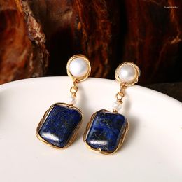 Dangle Earrings Natural Rectangle Lapis Lazuli Fresh Water Charm Drop Earring For Women Wedding Gift Vintage Original Design