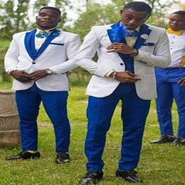 Slim Fit White Groom Tuxedos With Royal Blue Lapel Groomsman 3 Piece Men Prom Business Suit Jacket BlazerJacket Pants Tie Vest 2212z