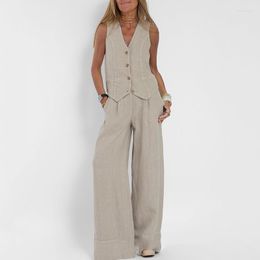 Frauen zweisteuelhafte Hosen Mode-Sommer-Baumwolle und Leinenanzüge V-Ausschnitt Single Breaceed Strickjacke Lange Sets Casual Sets Casual Sets