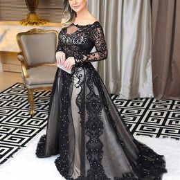 Modest Black Lace Evening Gowns Long Sleeves Bateau Neck Arabic Women Formal Dress Abendkleider Vestido largo Prom Party Gowns250T