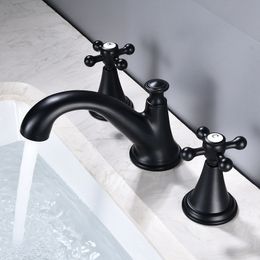 Basin Faucet Black Brass Widespread Bathroom Sink Faucet 3 Hole Widespread Basin Mixer Double Handle Hot Cold Water