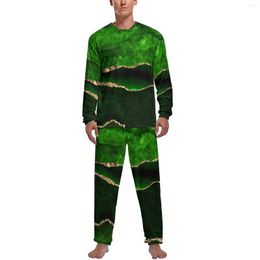 Men's Sleepwear Marble Print Pyjamas Long Sleeve Green And Gold 2 Pieces Bedroom Pyjama Sets Spring Male Design Soft Home Suit