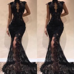 Sexy Black Sleeveless Mermaid Prom Party Dresses 2022 High Neck Split Side High Evening Gowns See Through Full Lace Celebrity Dres220b
