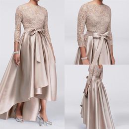 Mother Off Bride Groom Dresses Champagne Lace Applique Sequins Top 3 4 Long Sleeves Satin High Low Sashes Evening Gowns265E