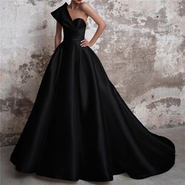 2021 Elegant Evening Dress One Shoulder Heart Neck Black Sleeveless Big Tail Long Prom Gowns Back Zipper308i
