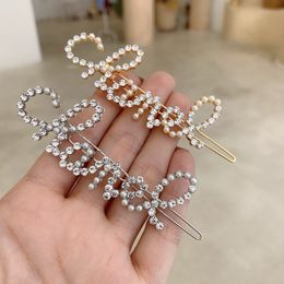 Women Pearl Rhinestone Letter Hair Clip Bling Barrettes Fashion Accessories for Gift Party Hairpin