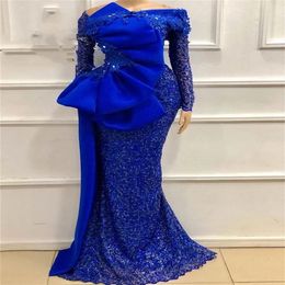 Aso Ebi Spitze Afrikanisches Königsblaues Abendkleid glitzernde Perlenschleife Meerjungfrau Nigeria Arabisch Langarm-Abschlussballkleid Robes2859
