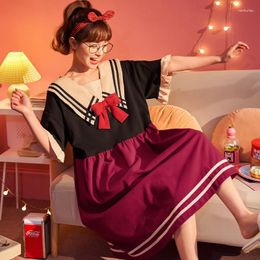 Women's Sleepwear Kawaii Navy Collar Sweet Student Summer Short Sleeve Cotton Women Nightgown Loose Long Cute Red Bows Maiden Nightdress