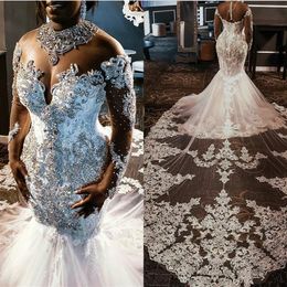 Top de malha transparente vestidos de noiva sereia 2019 tule renda apliques cristais frisados manga comprida vestidos de noiva de casamento com destaque225y