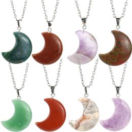 Natural Stone Moon Necklace Rose Quartz Amethysts Charka Necklaces For Women Jewelry