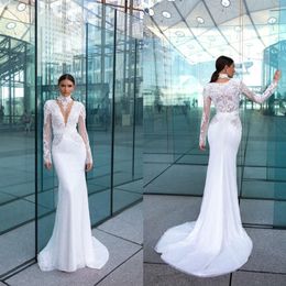 Crystal Design Mermaid Wedding Dresses 2019 Lace Appliqued Beads High Neck Beach Bride Dress Long Sleeve Country Boho Wedding Gown223Y