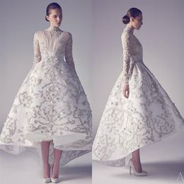 Ashi Studio Couture Evening Dresses Lace 3D Floral Applique Bead High Collar High Low Prom Dress Long Sleeve Custom Made Formal Pa279K