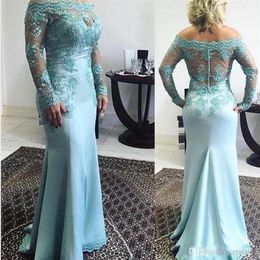 Vintage Cheap Long Sleeves Mother Of The Bride Dresses Off Shoulder Lace Beaded Plus Size Wedding Guest Dress Mermaid Evening Part252M