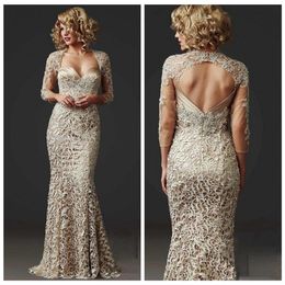 2020 Slim Lace Mermaid Mother Dresses Formal 3 4 Long Sleeve Custom Beads Ladies Formal Dress Floor Length Champagne Mother Of Bri2401