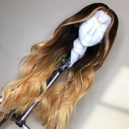 Ombre-Honigblond-Highlight-Echthaarperücken für schwarze Frauen, gewelltes brasilianisches Echthaar, vorgezupft263r