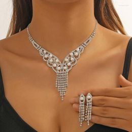 Necklace Earrings Set FYUAN Luxury Geometric Rhinestone For Women Long Tassel Pearl Ladies Party Weddings Accessory