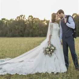 New A-line Luxury Modest Wedding Dresses With Half Sleeves Jewel Lace Top Cathedral Train Lds Bridal Gowns Couture Custom Made289O