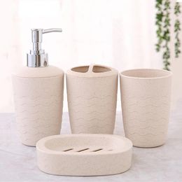 Bath Accessory Set 4Pcs/Set Bathroom Accessories Wheat Straw Eco-Friendly Soap Dish Dispenser Bottle Washroom Toothbrush Holder Cup Suit